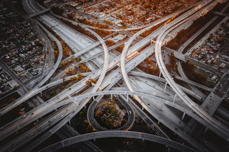 Aerial view of a sprawling multi-level motorway interchange