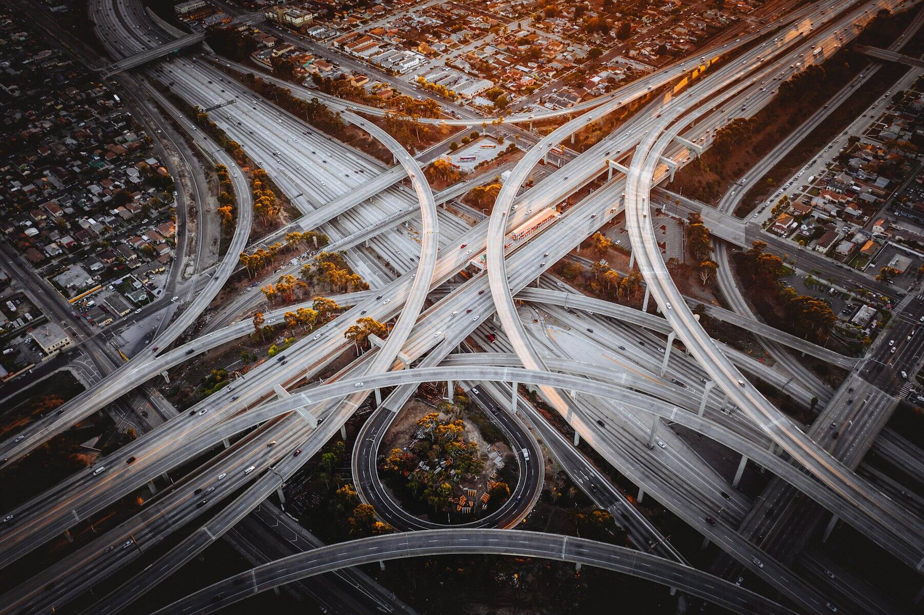 Aerial view of a sprawling multi-level motorway interchange