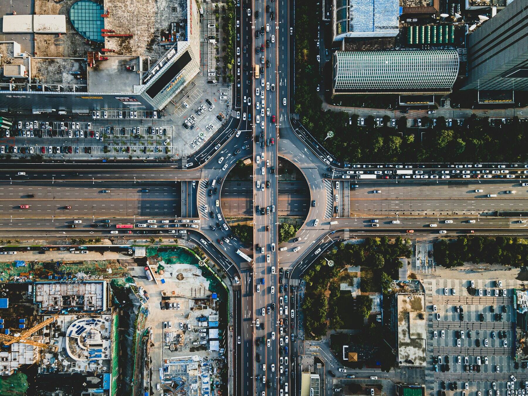 Top-down view of a busy city roundabout