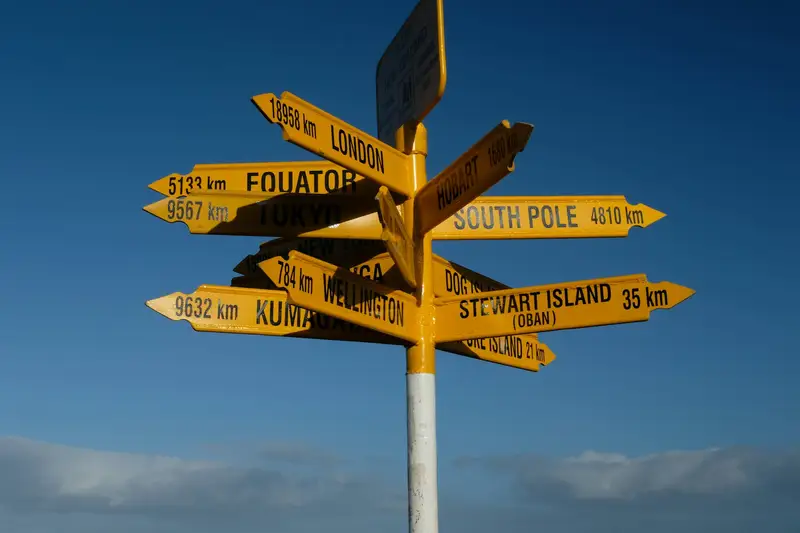 A yellow signpost with arrows pointing to cities around the world
